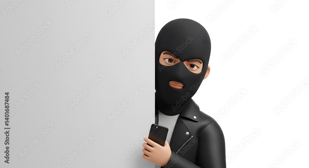 Cartoonish thief character peering from behind blank board, holding smartphone in leather jacket looking suspiciously Cartoonish thief character peering from behind blank board, holding smartphone in leather jacket looking suspiciously