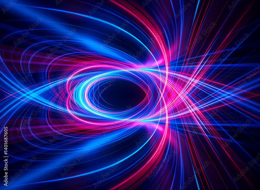 Vibrant abstract image featuring swirling and luminous blue and pink light trails. The dynamic streaks converge towards a central oval shape, set against a dark backdrop, creating a futuristic and en Vibrant abstract image featuring swirling and luminous blue and pink light trails. The dynamic streaks converge towards a central oval shape, set against a dark backdrop, creating a futuristic and en