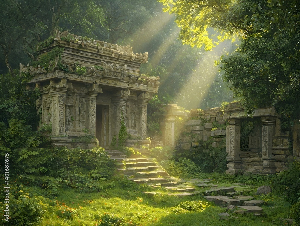 Sunbeams illuminate an ancient stone temple overgrown by lush jungle vegetation. A stone staircase leads to its entrance. Sunbeams illuminate an ancient stone temple overgrown by lush jungle vegetation. A stone staircase leads to its entrance.