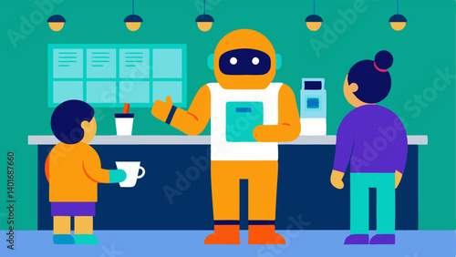 Ordering Coffee An astronaut stands at a brightly colored café counter gesturing with gloved hands as they point to a menu. The barista with wide eyes glances back at a coworker