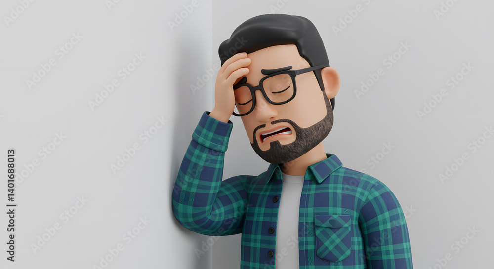 Stylized 3D Character Expressing Frustration and Disappointment Against a Wall, conveying a sense of overwhelming pressure Stylized 3D Character Expressing Frustration and Disappointment Against a Wall, conveying a sense of overwhelming pressure