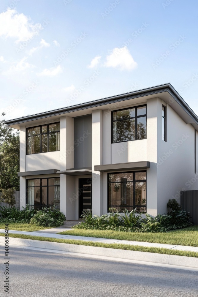 A contemporary two-story residence featuring expansive windows and a beautifully landscaped garden, showcasing its charm under the bright sun in a peaceful suburban neighborhood A contemporary two-story residence featuring expansive windows and a beautifully landscaped garden, showcasing its charm under the bright sun in a peaceful suburban neighborhood
