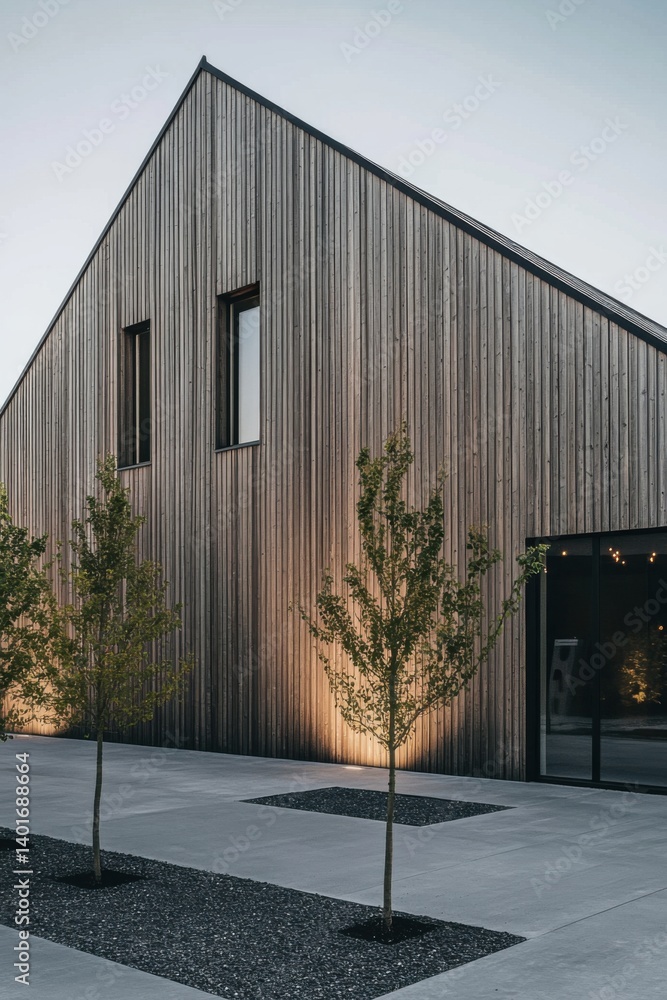 Fototapeta premium Contemporary wooden structure features minimalist design with sleek lines, located in a serene outdoor setting during twilight hours