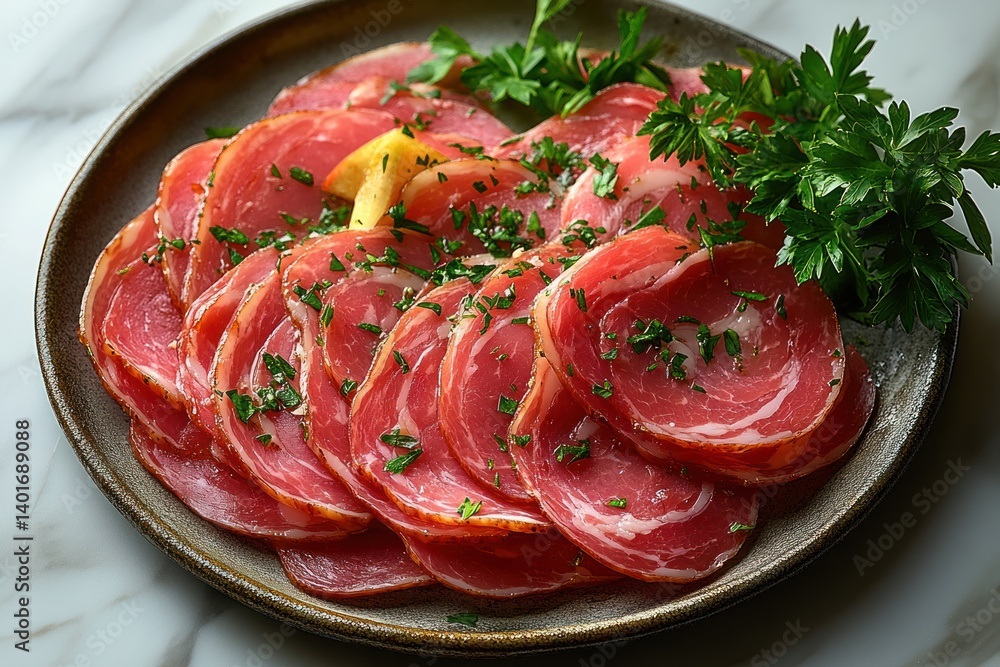 sliced ham with parsley garnish on white background sliced ham with parsley garnish on white background