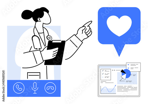 Female doctor pointing during a telehealth session, heart icon symbolizing care, analytics on screen indicating data. Ideal for healthcare, telemedicine, communication, analysis, technology