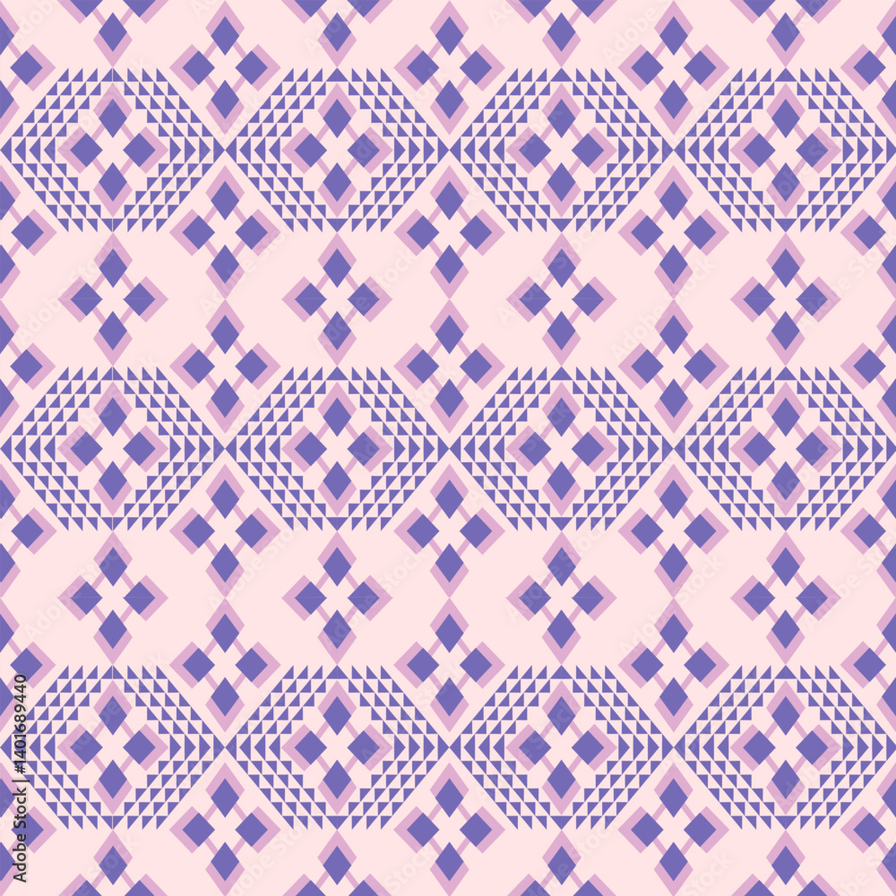 Fototapeta premium Geometric Diamond Repeat Pattern: Lavender and Purple Motifs on Soft Pink, Abstract Textile Design, Seamless Print for Modern Decor & Creative Projects