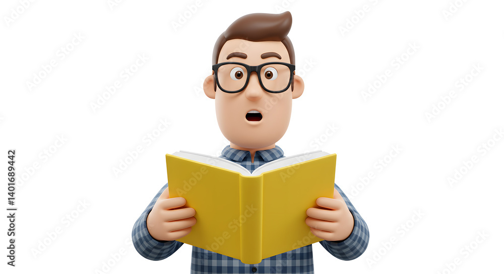 Captivating Reader: Expressive Cartoon Character Discovering an Engaging Novel on White Backdrop Captivating Reader: Expressive Cartoon Character Discovering an Engaging Novel on White Backdrop