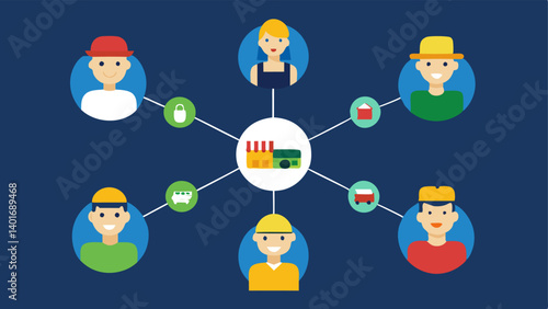 Linking Participants Multiple simple figures representing supply chain stakeholders farmer manufacturer distributor retailer consumer connected by lines showing how blockchain
