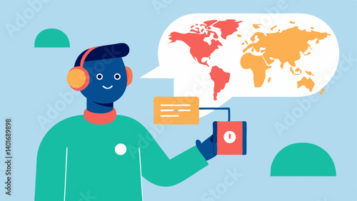 Cultural Exchange A friendly AI guide presenting cultural facts next to a map highlighting the connection between language and culture for a richer learning experience.