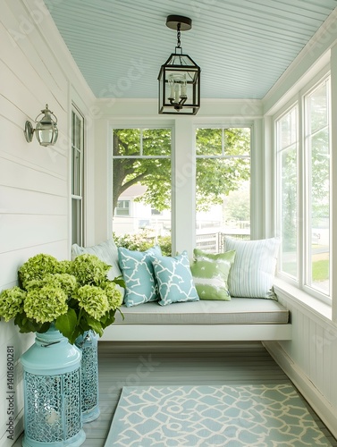 Serene porch with built-in bench, light blue ceiling, and hydrangeas. Perfect for relaxation and summer vibes.