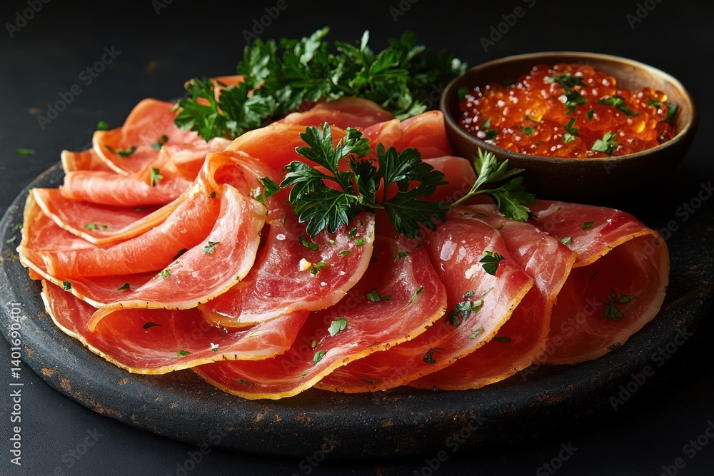sliced ham on white background with parsley garnish sliced ham on white background with parsley garnish