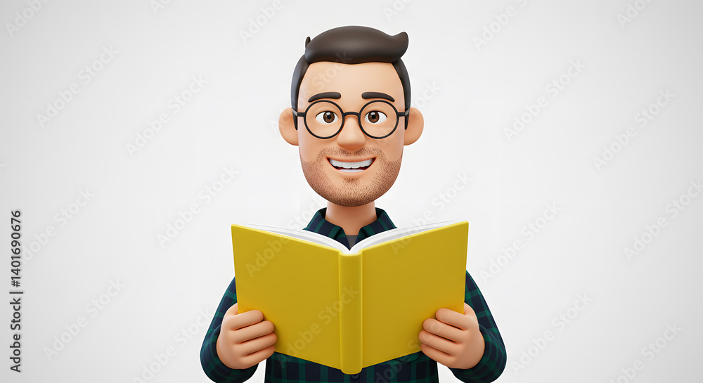 Enthusiastic 3D Cartoon Man Reading an Interesting Book on a White Background, Ready for His Next Adventure Enthusiastic 3D Cartoon Man Reading an Interesting Book on a White Background, Ready for His Next Adventure