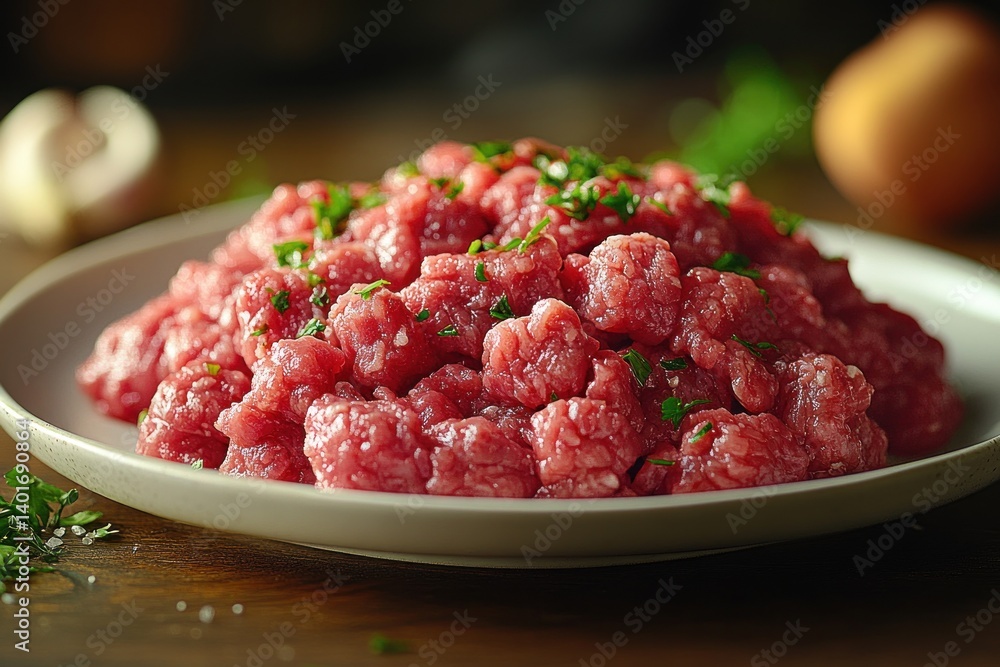 ground beef hyper-realism painting on white plate with soft lighting and minimalistic background ground beef hyper-realism painting on white plate with soft lighting and minimalistic background