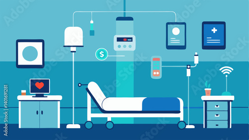Smart Hospital Room A hospital room featuring various AI devices like automated lighting and climate control ensuring a comfortable environment for patients.