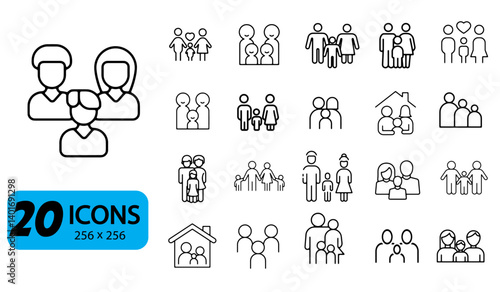 Set of 20 family structures Icons, Outline Style, 256x256 Pixels