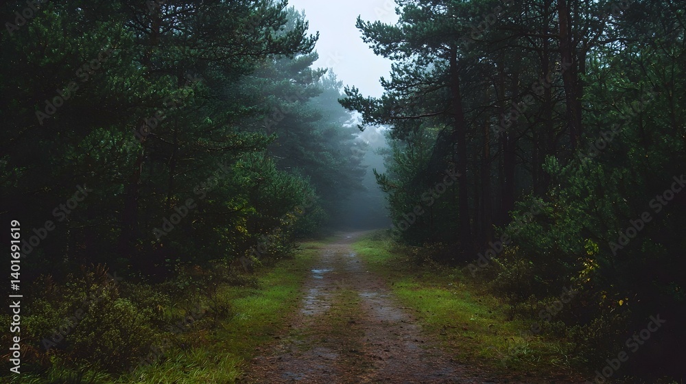 Fototapeta premium Misty forest path disappearing into the fog. A mysterious and serene scene perfect for fantasy, fairytale, or nature themes.