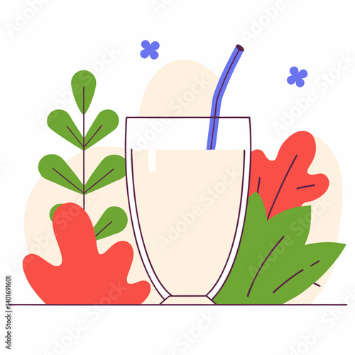 Vanilla Protein Shake Surrounded by Colorful Leaves  