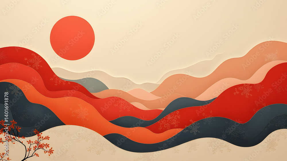 Fototapeta premium Sunset over abstract waves tranquil landscape digital art serene viewpoint