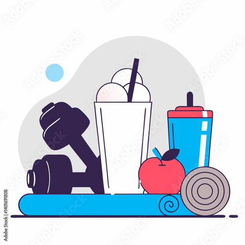 Protein Shake and Dumbbell with Healthy Foods on Mat  