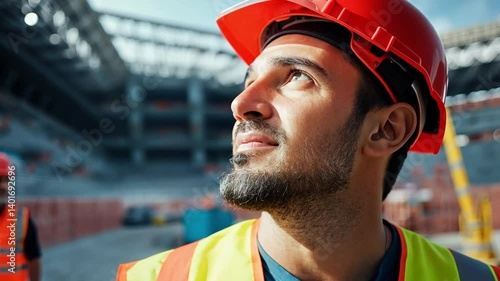 Dynamic construction scene showcasing teamwork as workers build a state-of-the-art stadium with modern designs.