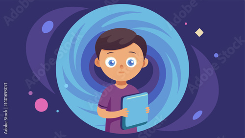 Holographic Threshold A shimmering holographic portal with swirling patterns. A child with wide eyes is entering clutching a tablet displaying various discounts.