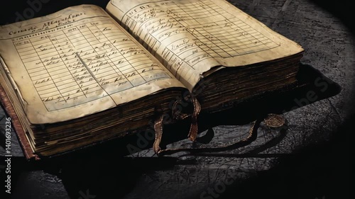 Open ancient ledger book with aged parchment pages and handwritten entries, resting on textured dark surface with attached bookmark ribbon