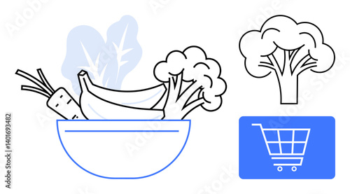 Bowl filled with banana, broccoli, carrot, and greens next to a shopping cart and broccoli graphic. Ideal for grocery, food, health, diet, meal planning sustainability flat simple metaphor