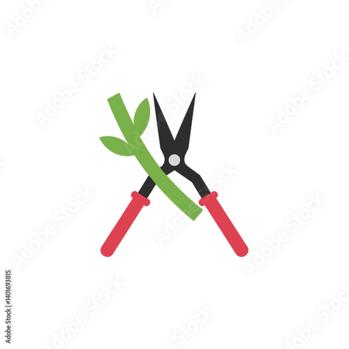 Black garden shears with red handles for cutting a green branch with two green leaves