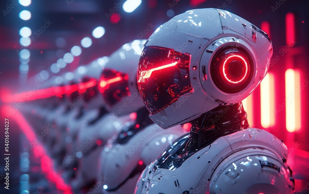 Fototapeta premium Futuristic Cyborg Robots with Neon Highlights in a Cyberpunk Setting