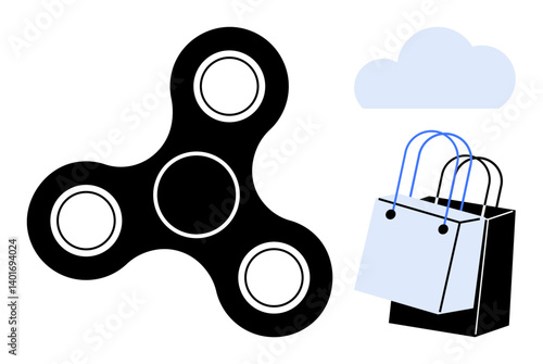 Black fidget spinner, two shopping bags in blue and black, and a light blue cloud. Ideal for consumerism, retail therapy, relaxation products, online shopping, minimal design, stress relief modern