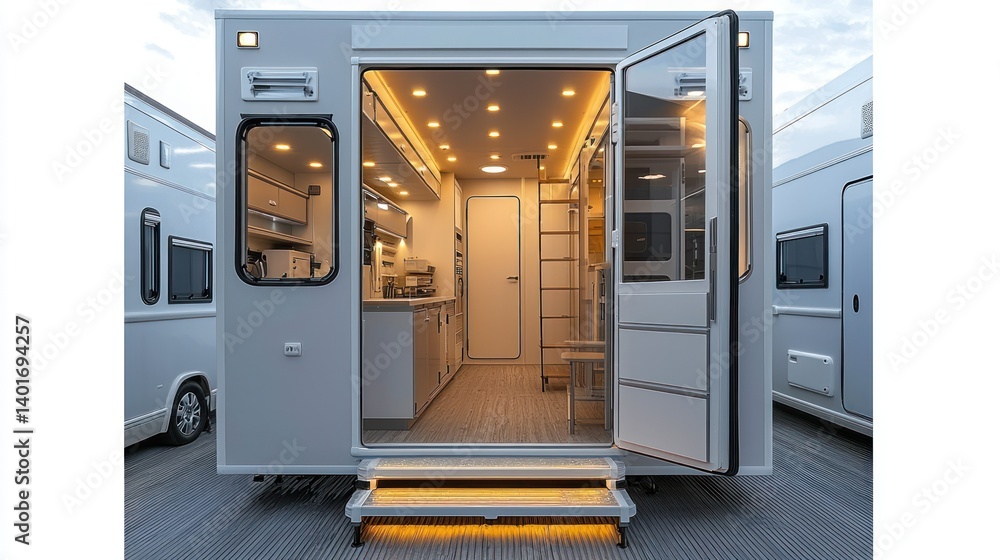 Luxury Mobile Home Interior: Open Door View of a Modern, Fully Equipped RV Luxury Mobile Home Interior: Open Door View of a Modern, Fully Equipped RV