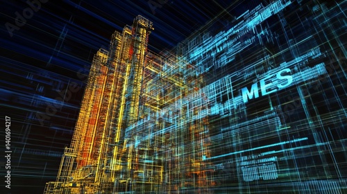 MES Manufacturing Execution System Abstract digital architecture with glowing lines.