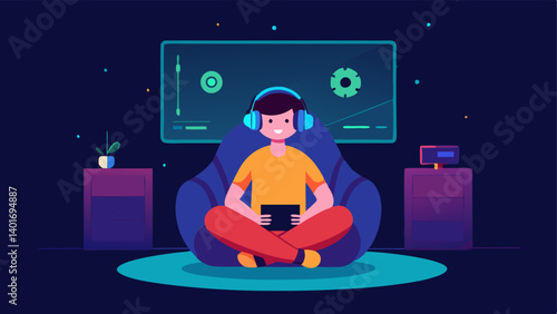 Teen Gamer with Headset A young individual lounging on a bean bag chair completely absorbed in the virtual world. Bright dynamic graphics explode from a massive screen in front
