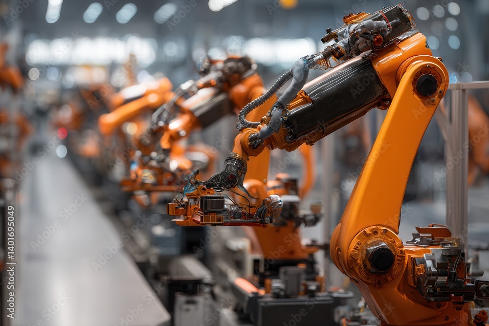Row of orange robotic arms working on an assembly line in a modern factory setting. Row of orange robotic arms working on an assembly line in a modern factory setting.