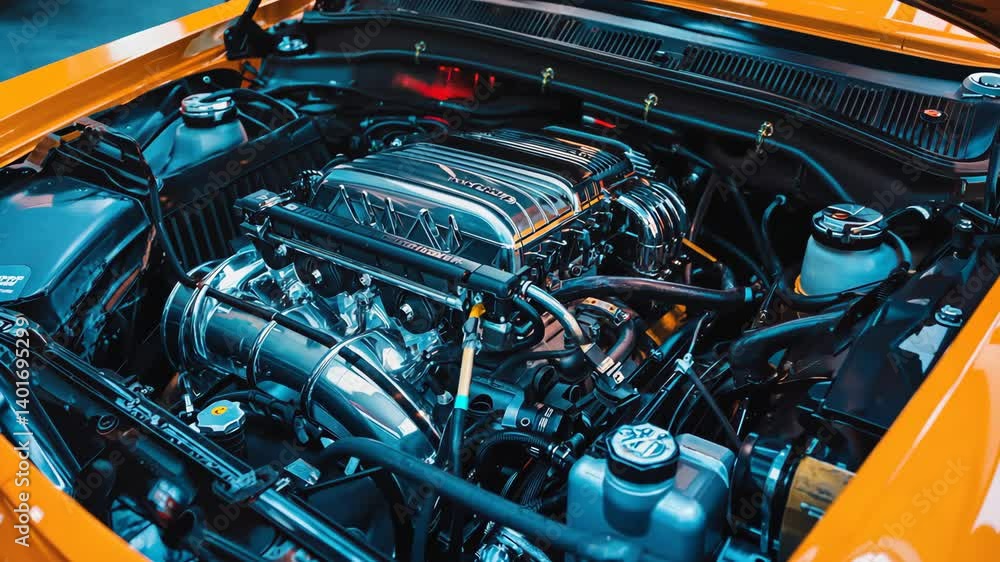 Vibrant Yellow Car Engine Compartment showcasing a meticulously detailed and polished internal combustion motor Vibrant Yellow Car Engine Compartment showcasing a meticulously detailed and polished internal combustion motor