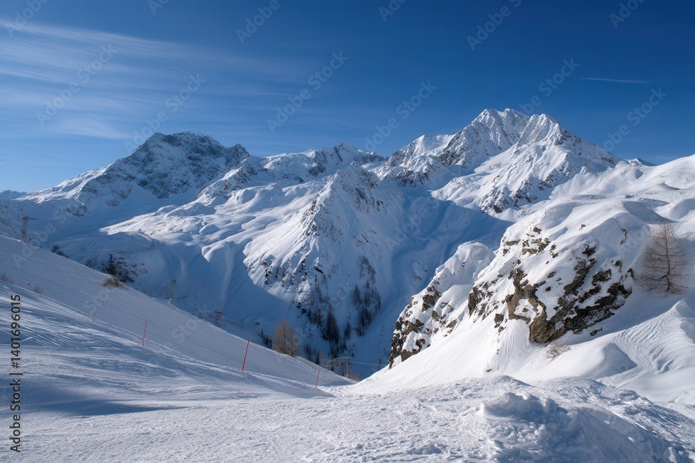 Breathtaking view of snow-covered mountains under a clear blue sky. Breathtaking view of snow-covered mountains under a clear blue sky.