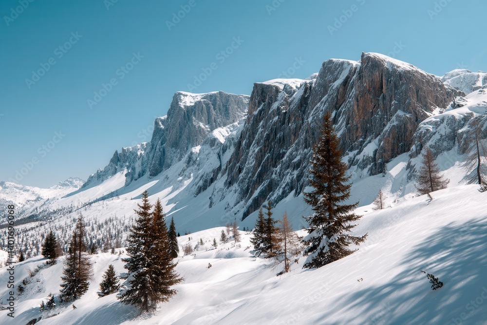 Snow-covered mountains with pine trees under a clear blue sky. Snow-covered mountains with pine trees under a clear blue sky.