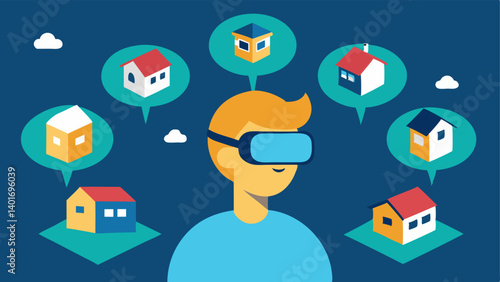 Augmented Property Map An aerial view of a neighborhood with icons representing different houses. A user with VR goggles is shown interacting with the map highlighting features of