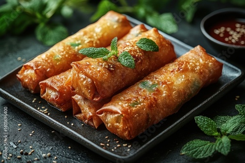 Wallpaper Mural Crispy Spring Rolls with Fresh Mint and Soy Sauce Torontodigital.ca