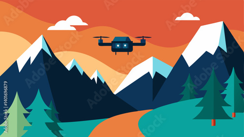 Mountain Delivery A drone navigating through mountainous terrain with a backdrop of rocky hills and trees carrying a parcel destined for a remote cabin.