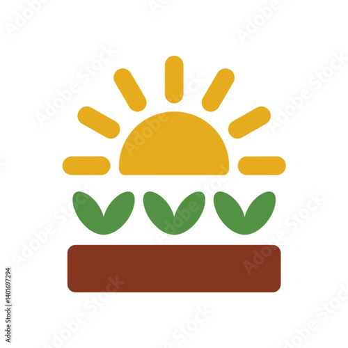 Simplified illustration of a rising yellow sun with rays above three green sprouts emerging from a brown strip of soil