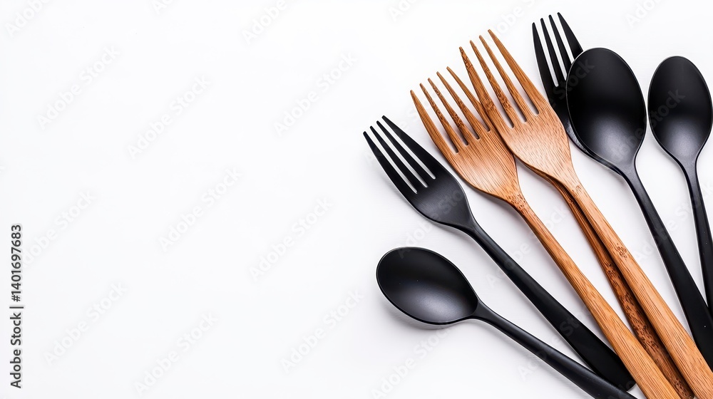 Fototapeta premium Black and Brown Eco Friendly Cutlery on White Background