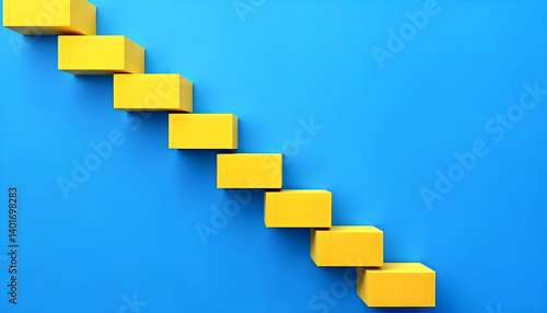 stairs, yellow cubes, blue background, geometric shapes, abstract, minimalist, 3d rendering, clean design, modern, vibrant colors
