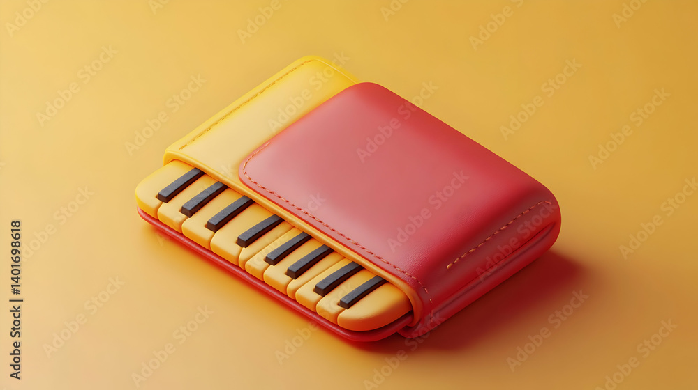 Isometric Piano Keyboard with Red and Yellow Case on Orange Background, Digital Rendering Featuring Musical Keys and Geometric Design