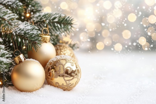 Three festive ornaments rest on snow with a decorated tree in the background.