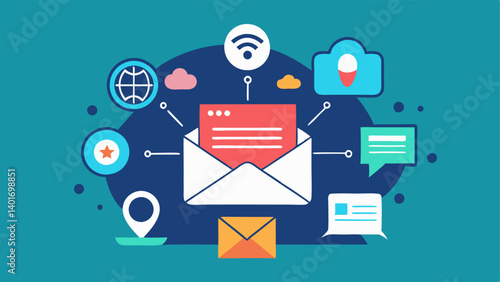Social Media Link A design showing an email with icons connecting to social media platforms promoting special deals blending marketing themes with digital interaction.