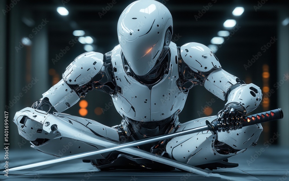 Futuristic Female Cyborg Ninja Warrior in Dynamic Pose with Katana on Dark Background Futuristic Female Cyborg Ninja Warrior in Dynamic Pose with Katana on Dark Background