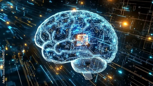Transparent brain with glowing circuit center, surrounded by streams of light, representing advanced technology