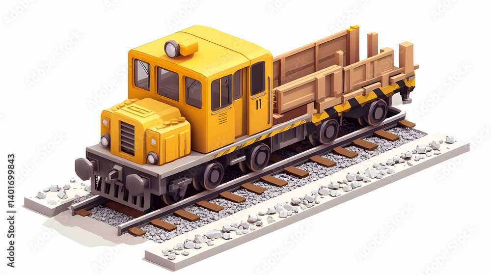 Obraz premium Isometric Yellow Train Car on Railroad Tracks in Pixel Art Style on White Background