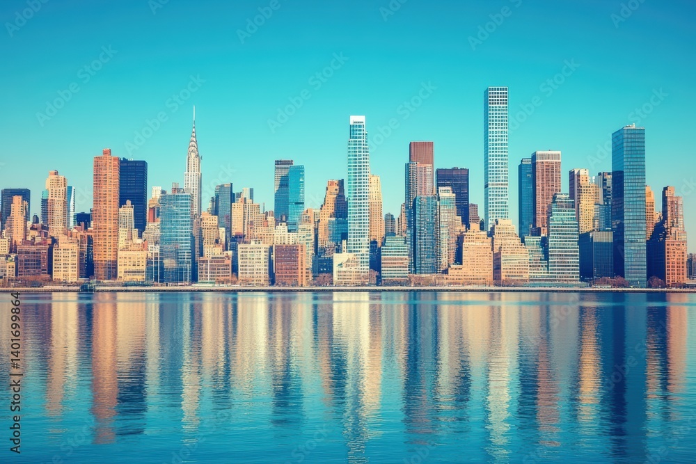 Fototapeta premium Aerial view of a city skyline with water reflecting buildings and clouds.